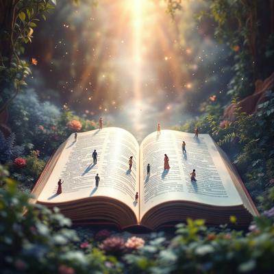 Primary subject: A book with people on it.
Setting/background: A forest with plants and flowers.
Visual style: Digital art.
Colors and mood: The book is open, and the people are in silhouette, giving the image a somewhat eerie or mysterious atmosphere.